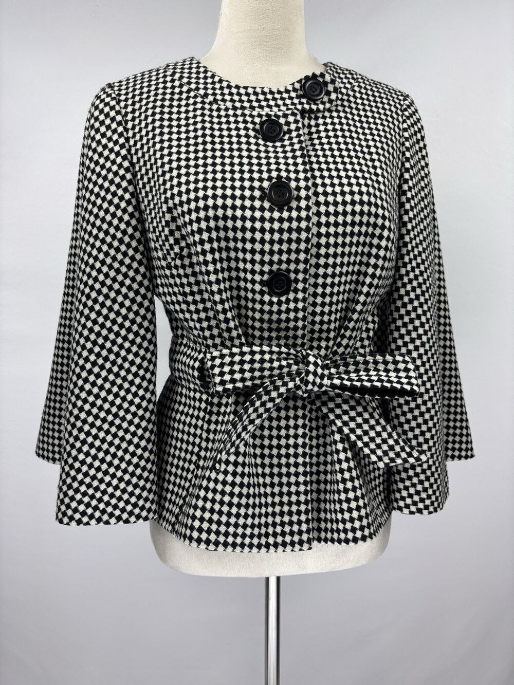 Loft Wool Cape Jacket Black White Checkered Pattern 8 Belted Cropped Wide Sleeve